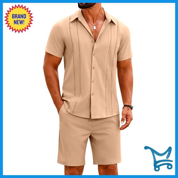 Men's 2 Piece Cuban Guayabera Shirt & Shorts Summer Beach Vacation Set